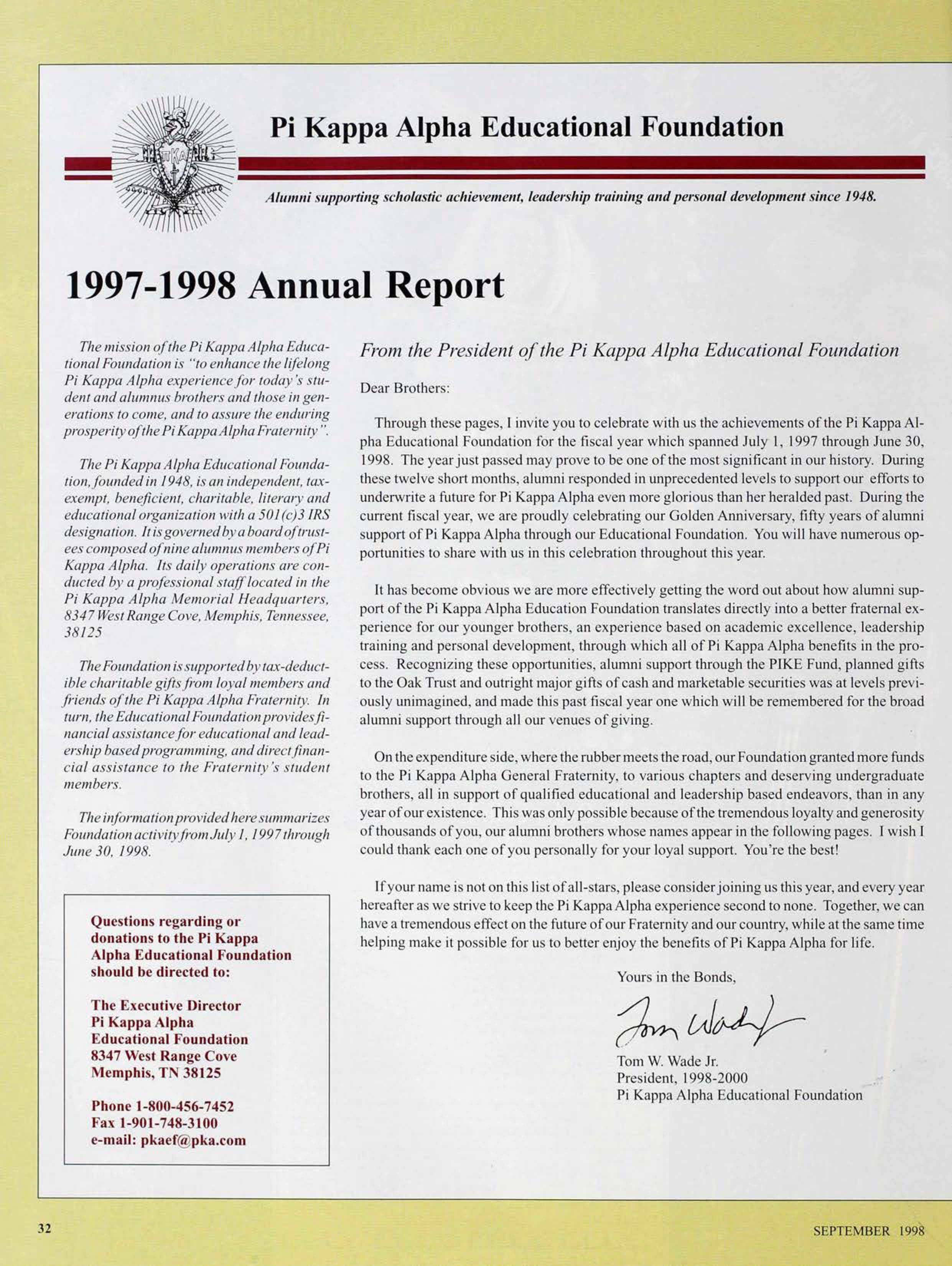 Pi Kappa Alpha Educational Foundation, September 1998